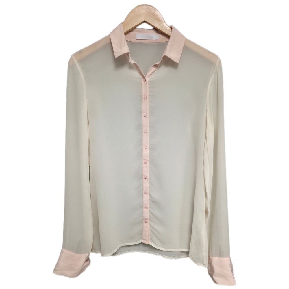 Anne Fontaine Blouse Womens 38 Cream Pink Sheer Contrast Trim Button‎ Down Silk